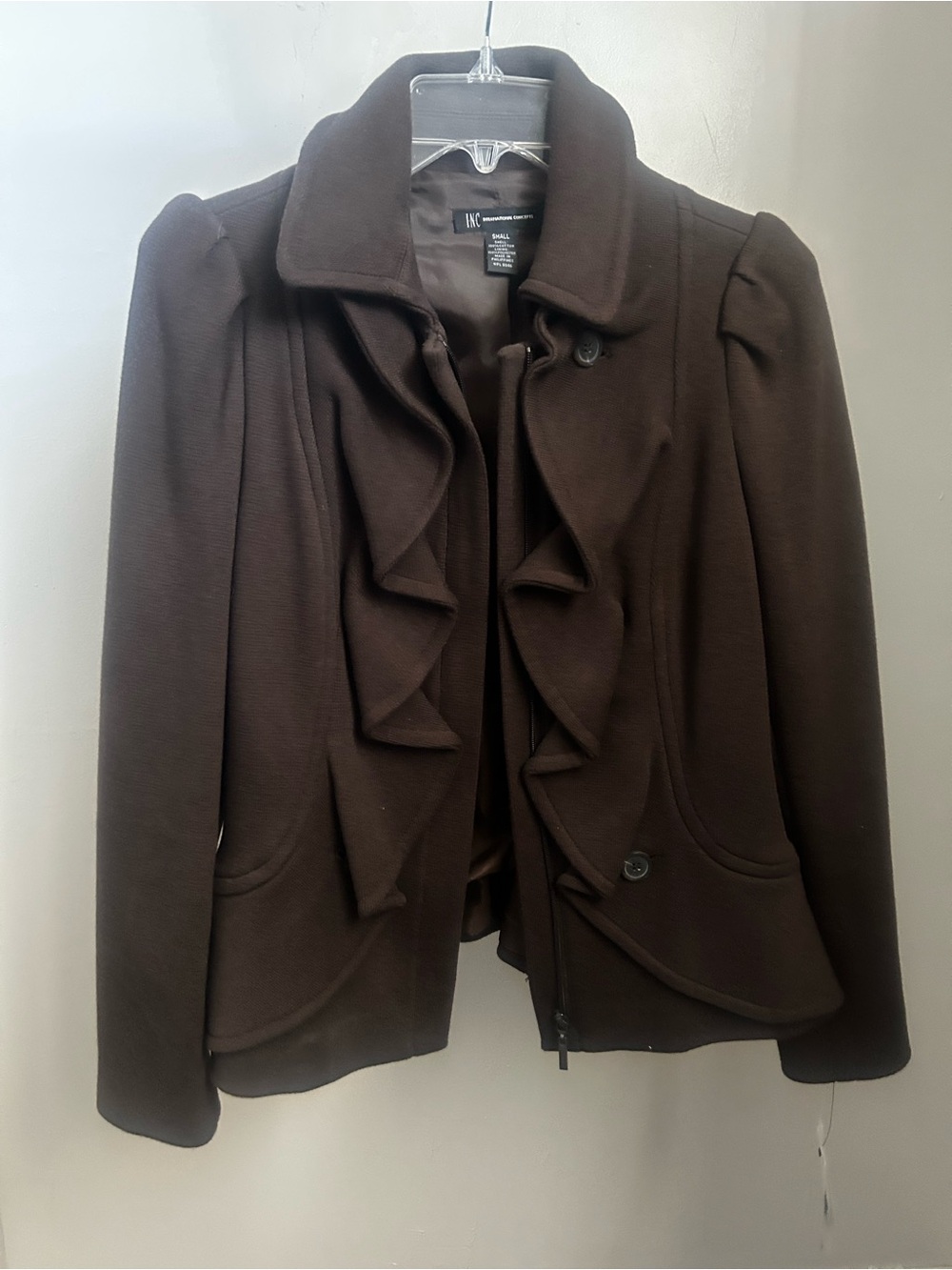 INC International Concepts Dark Brown Ruffle-Front Blazer